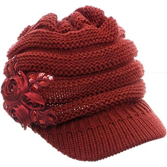 Women\'s Beautiful Style Crochet Red Flower Brim Knit Winter Warm Hat Cap